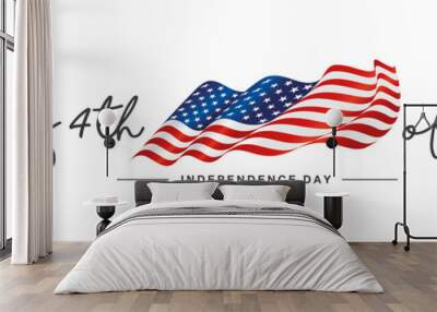 4th of july Happy Independence day handwritten typography text USA wavy flag white background banner Wall mural