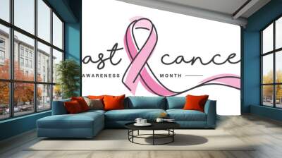 Breast cancer awareness month handwritten typography creative pink ribbon symbol line design vector illustration banner Wall mural