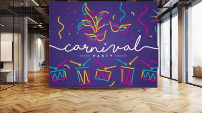 Carnival Party 2020 handwritten typography colorful line design carnival elements purple invitation card Wall mural