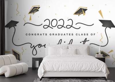 Class 2022 handwritten typography lettering Congratulations graduates line design gold black cap white isolated background banner Wall mural