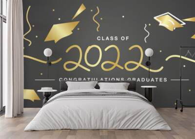 Class of 2022 handwritten line design typography lettering Congratulations graduates gold caps black background banner Wall mural