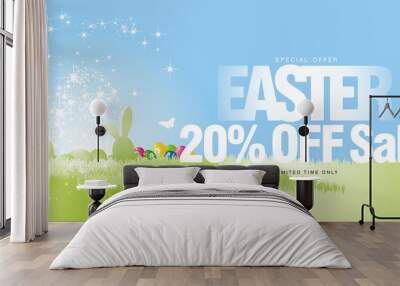 Easter Sale special offer 20 percent off limited time light stars colorful spring grass eggs rabbits colorful spring background Wall mural