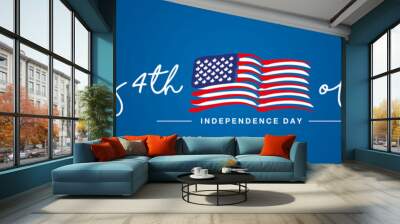 Happy 4th of july Independence day firework handwritten typography text USA abstract wavy flag blue background banner Wall mural