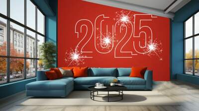 Happy Chinese New Year 2025 line neon light white shining snake shape typography with sparkle firework on red color isolated background icon logo Wall mural