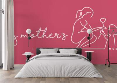 Happy Mothers Day pink handwritten calligraphy lettering line design draw of giving heart and love to mom pink background banner Wall mural