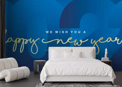 Happy New Year 2022 gold handwritten typography glitter fireworks and blue 2022 background wallpaper banner Wall mural