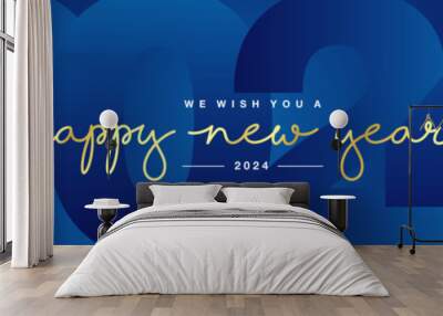 Happy New Year 2024 gold handwritten typography light glitter fireworks and blue 2024 background wallpaper banner Wall mural