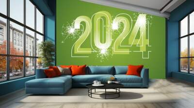 Happy New Year 2024 line and bold light green shining typography with sparkle firework on lucky green isolated background icon logo Wall mural