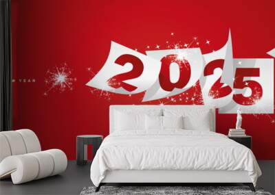 Happy new year 2025 and the end of 2024. Winter holiday greeting card design template on red background. New year 2025 and the end of 2024 on white calendar sheets and sparkle firework Wall mural