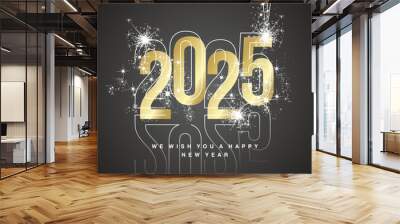 Happy New Year 2025 line and bold light white golden shining typography with sparkle firework and glass numbers shadow on black isolated background icon logo Wall mural