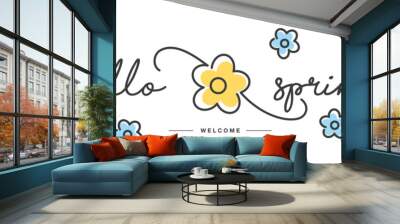 Hello Spring handwritten typography lettering text line design colorful flowers draw white isolated background banner Wall mural