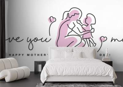 I love you mom Happy Mother's Day pink handwritten calligraphy lettering line design draw of giving love to mom on white background banner Wall mural