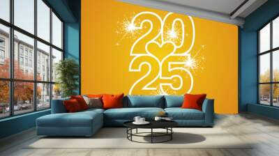 Love 2025 Happy New Year 2025 beautiful white modern line design typography logo with heart in the middle on orange yellow greeting card background Wall mural