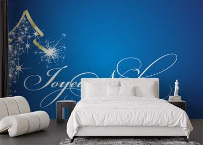 Merry Christmas and Happy New Year 2024 French language beautiful golden white light elegant brush script calligraphy typography with glitter sparkle stardust Christmas tree blue background greetings Wall mural