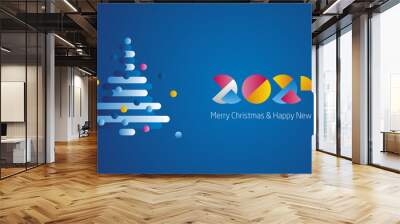 Merry Christmas and Happy New Year 2024 modern colorful design with abstract Christmas tree blue greeting card Wall mural