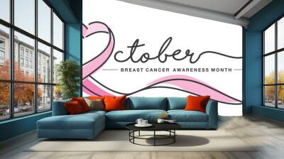 October Breast cancer awareness month handwritten typography creative pink love heart ribbon symbol line design vector illustration banner Wall mural