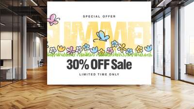 Special offer Summer Sale 30 % off with colorful spring flowers butterflies tulips in grass isolated white background Wall mural