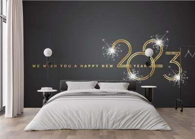 We wish You a Happy New Year 2023 gold double line design numbers with white sparkle firework black background greeting card Wall mural