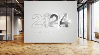 We wish you a happy new year 2024. Architecture construction from line drawing to 3d model numbers of 2024 with sparkle firework on silver grey board background Wall mural