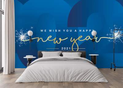 We wish you Happy New Year 2021 handwritten lettering tipography line design sparkle firework gold white blue year 2021 background Wall mural