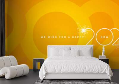 We wish You Happy New Year 2022 modern design white shining light typography sparkle fireworks 2022 shadow numbers orange yellow banner Wall mural