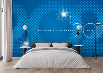 We wish You Happy New Year 2023 modern design silver shining light typography sparkle fireworks with color dotted halftone 2023 shadow numbers blue banner Wall mural