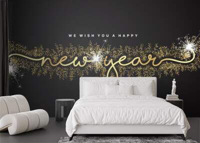 We wish you Happy New Year 2023 new modern light golden glitter sparkle firework handwritten calligraphic typography lettering black background greeting card Wall mural