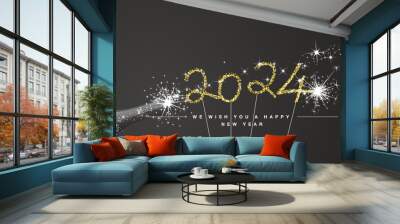 We wish you Happy New Year 2024 eve handwritten tipography 2024 golden glitter stars sparkler fireworks open champagne bottle black background greeting card Wall mural