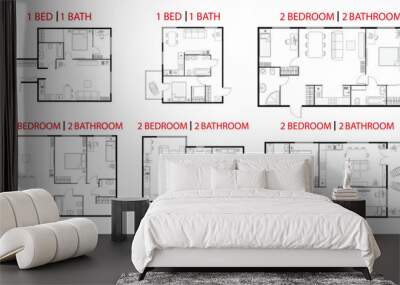 Plan floor apartments set. Studio, condominium, flat, house. One, two bedroom apartment. Interior design elements bedroom, bathroom with symbols furniture. Vector architecture 2D floor plan. Wall mural