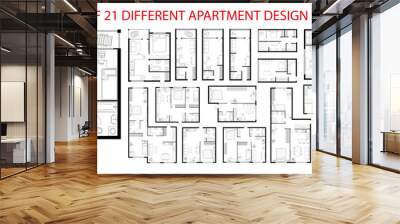 Plan floor apartments set. Studio, condominium, flat, house. One, two bedroom apartment. Interior design elements kitchen, bedroom, bathroom with symbols furniture. Vector architecture 2D floor plan. Wall mural