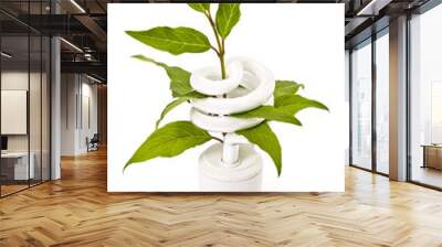 Energy saving light bulb and plant on white background, green energy concept Wall mural