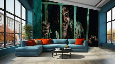 Crazy Man Locked In Mental Hospital Screaming in Terror Behind Bars During a Horrifying Halloween Night Wall mural