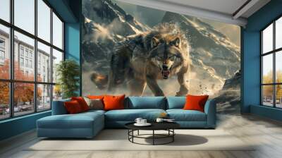 Fenrir the wolf, gigantic animal in the Nordic snowy mountains, hungry creature giving chase to Viking warriors Wall mural