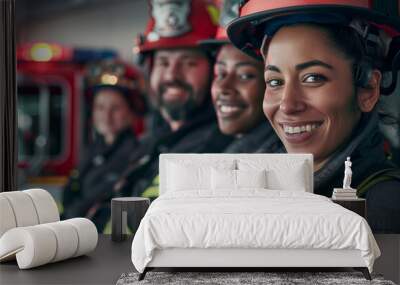 Group of interracial firefighters, women and men ready to get on fire truck Wall mural