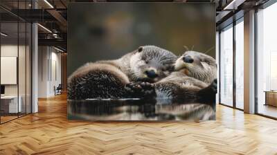 Hugging otters, animals sleeping on the water of the river in natural documentary photography Wall mural