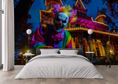 Killer Clown on Halloween Night Stands Menacingly in Front of Decorated House Holding a Knife with Evil Smile Wall mural