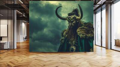 Loki, Norse god of mischief, copy space of a Viking sorcerer with horns from Norse mythology Wall mural