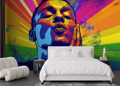 Man blowing a kiss on a background of gay pride colors, showcasing artistic expression and celebration of love in the LGBTQ+ community Wall mural