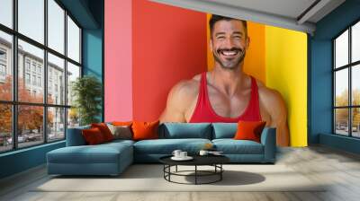 Strong and muscular gay, gym man with pronounced pecs and shoulders wearing a red tank top and smiling on a background of pride colors Wall mural