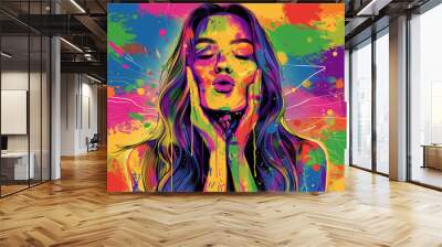 Woman blowing a kiss on a background of gay pride colors, embodying love and happiness in an artistic, rainbow-filled scene Wall mural