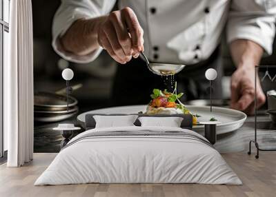 A chef preparing a delicious dish in a fine restaurant. Wall mural