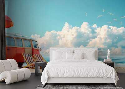 A van standing on a tropical beach in summer. Vacation, ocean, sand beach, travel and surf concept. Wall mural