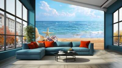 A van standing on a tropical beach in summer. Vacation, ocean, sand beach, travel and surf concept. Wall mural