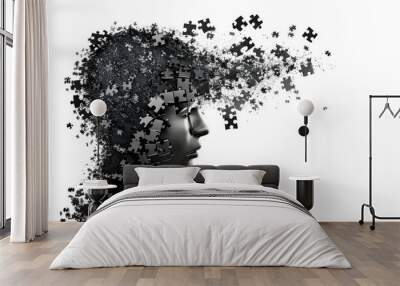 Alzheimer, dementia, epilepsy and autism concept. Neurological disease with memory loss and confused mind. Silhouette of a human head made of black jigsaw puzzle pieces. Mental health awareness. Wall mural