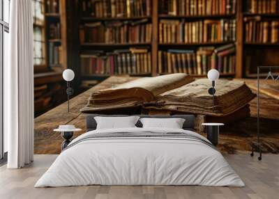 An old, antique book lies open on a wooden table in a library.  Wall mural