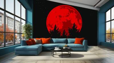 An silhouette illustration big blood moon and trees vector Wall mural