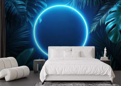 Blue, glowing neon circle amidst tropical leaves against the backdrop of a dark jungle background. Empty space for text. Illuminating light frame. Abstract wallpaper art. Wall mural