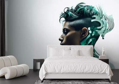 profile of an androgynous Indian person face on a white background with artificial intelligence and technological symbols Wall mural