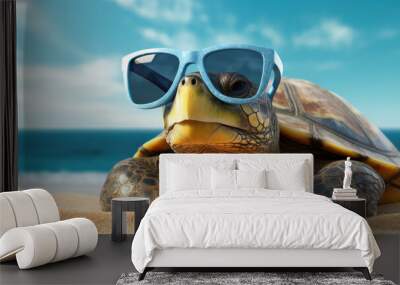 Closeup of turtle with sunglasses Wall mural