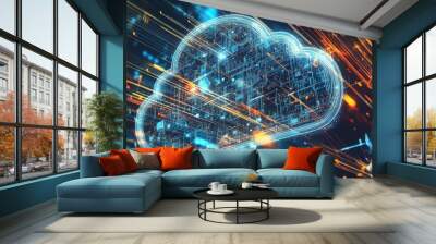 Colorful digital cloud technology background, abstract tech network, futuristic cloud computing art print Wall mural